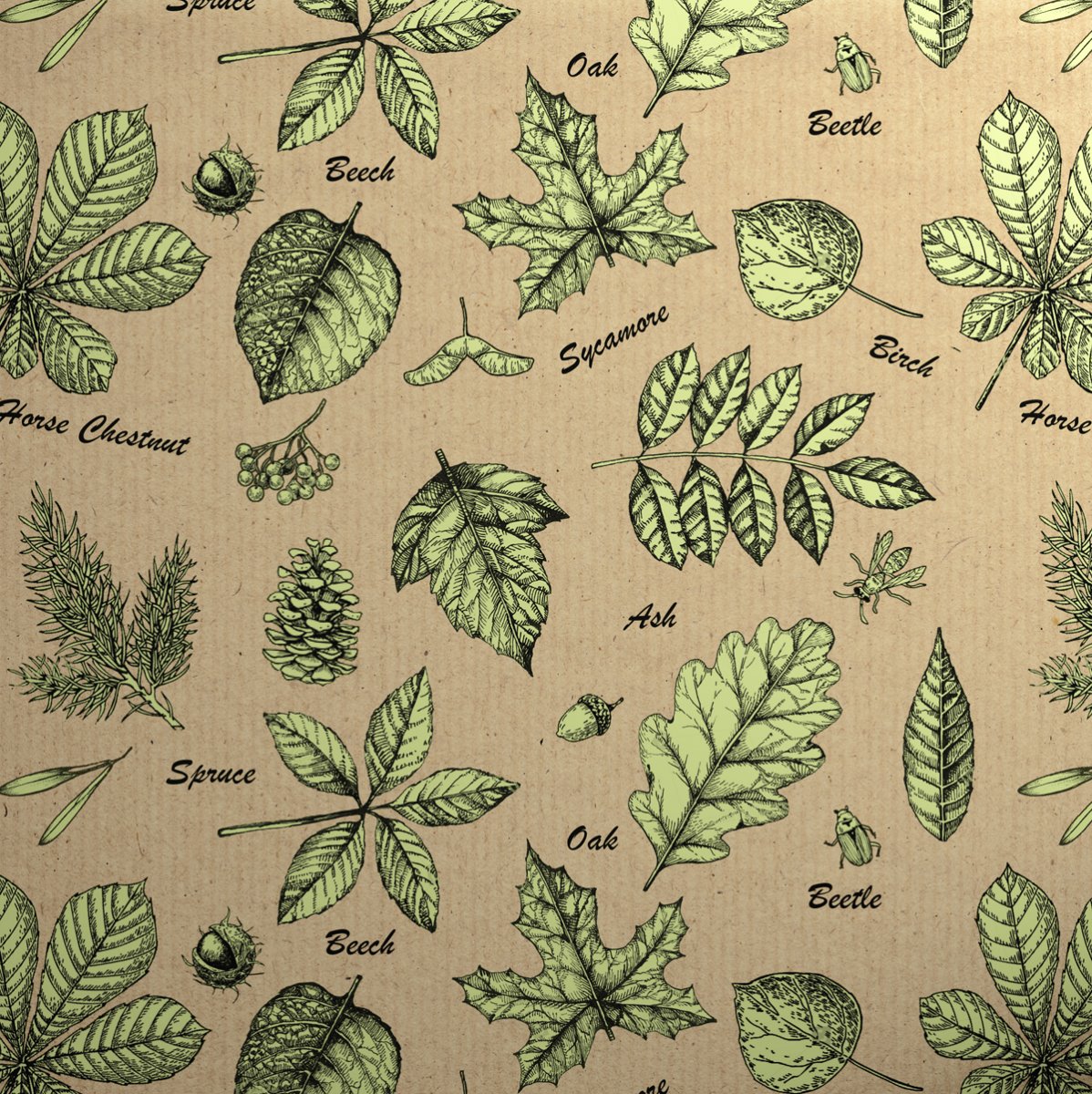 Printed Kraft Botanical Leaves Green
