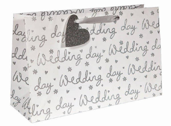 Wedding Day Silver on White large gift bag
