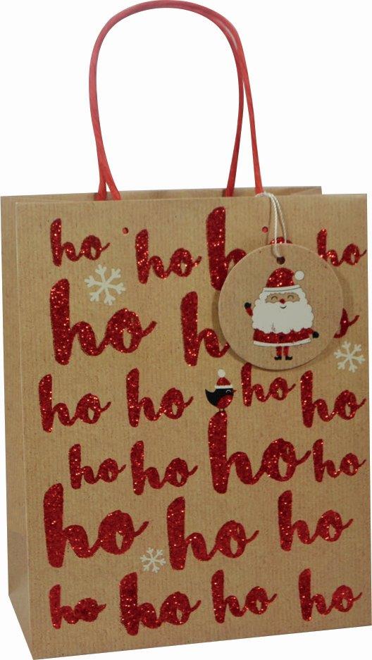 Glitter Gift Bag Kraft Ho Ho Medium (pack of 6)