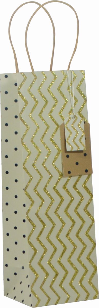 Glitter Gift Bag Deco Zigzag Black/Alabaster- Bottle (pack of 6)
