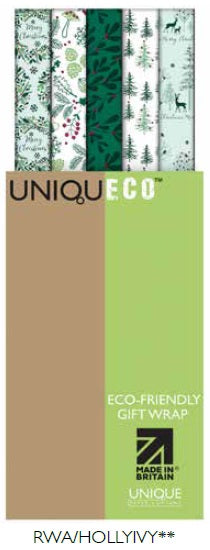 Uniqueco Printed FSCM Holly & Ivy Rollwrap Assortment of 42 Rolls