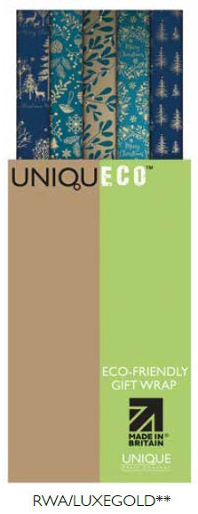 Uniqueco Bio Glitter FSCM Luxe Gold Rollwrap Assortment of 42 Rolls