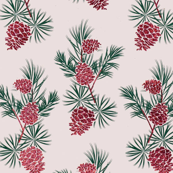 Winter Forest Pine Cones Red/Green on Alabaster