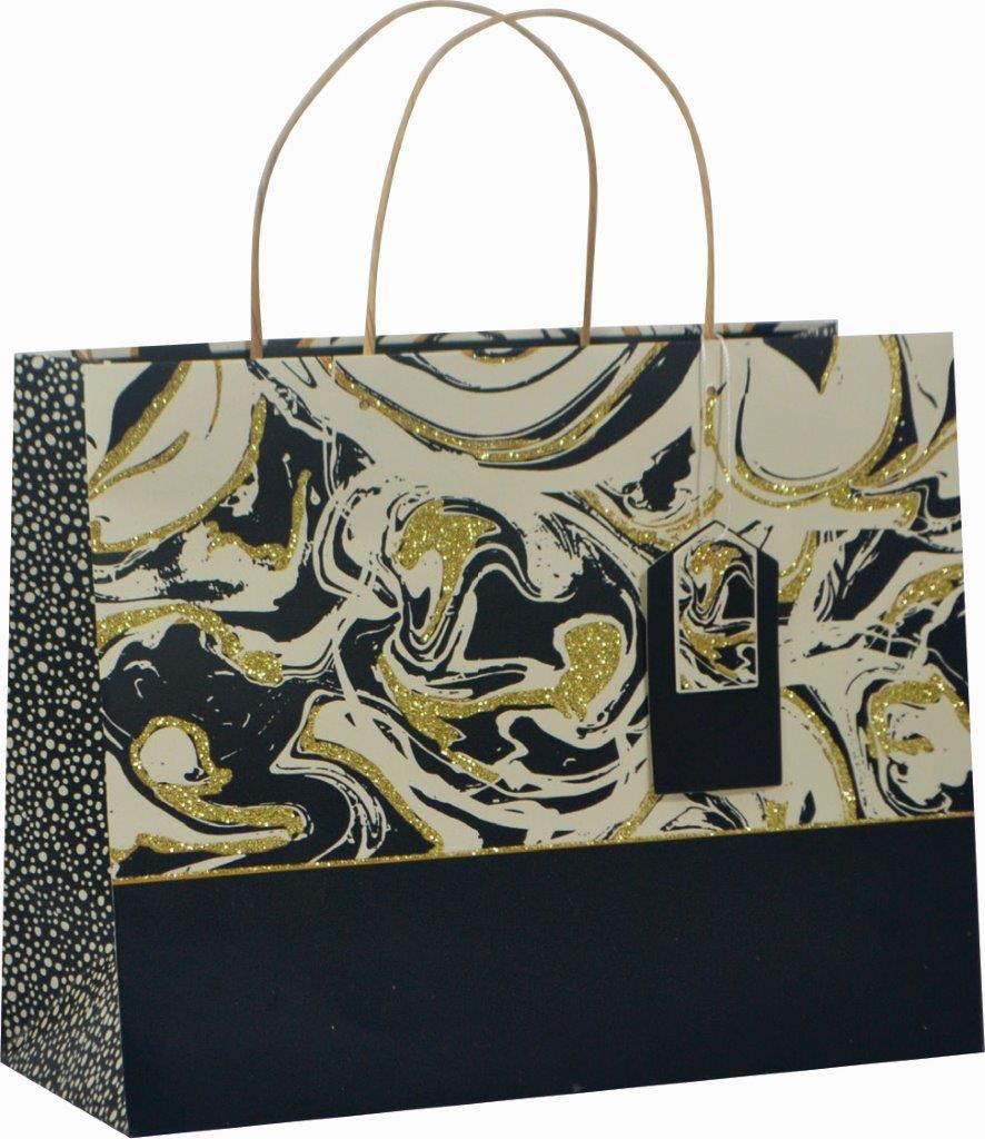 Glitter Gift Bag Deco Marble Gold/Black-Large (pack of 6)