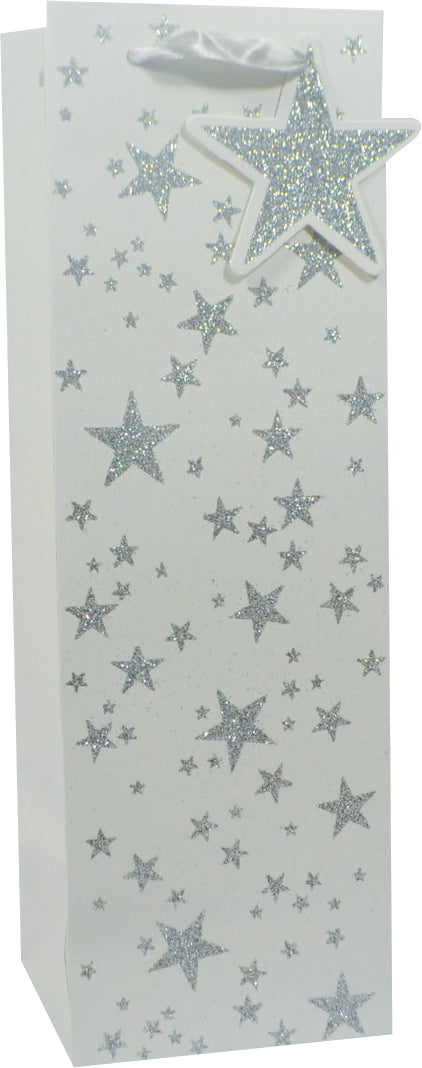 Glitter Gift Bag Scattered Star Silver on White Bottle (pack of 6)