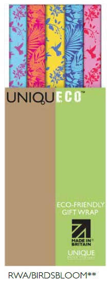 Uniqueco Printed FSCM Birds and Blooms Rollwrap Assortment of 42 Rolls