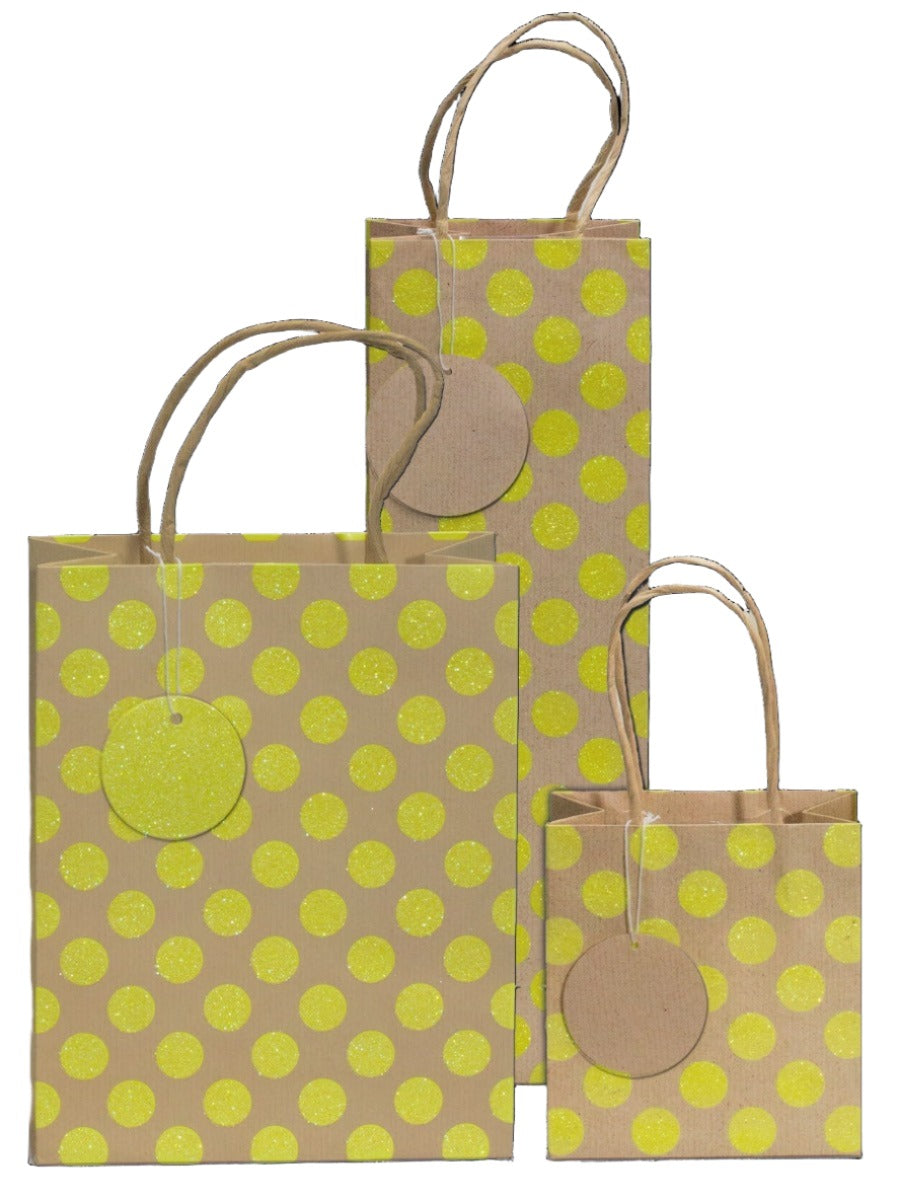 Glitter Gift Bag Neon Kraft Spots Yellow (select size)